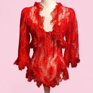 Vintage Red Lace Lingerie Set with Slip Top and Ruffled Long Sleeve